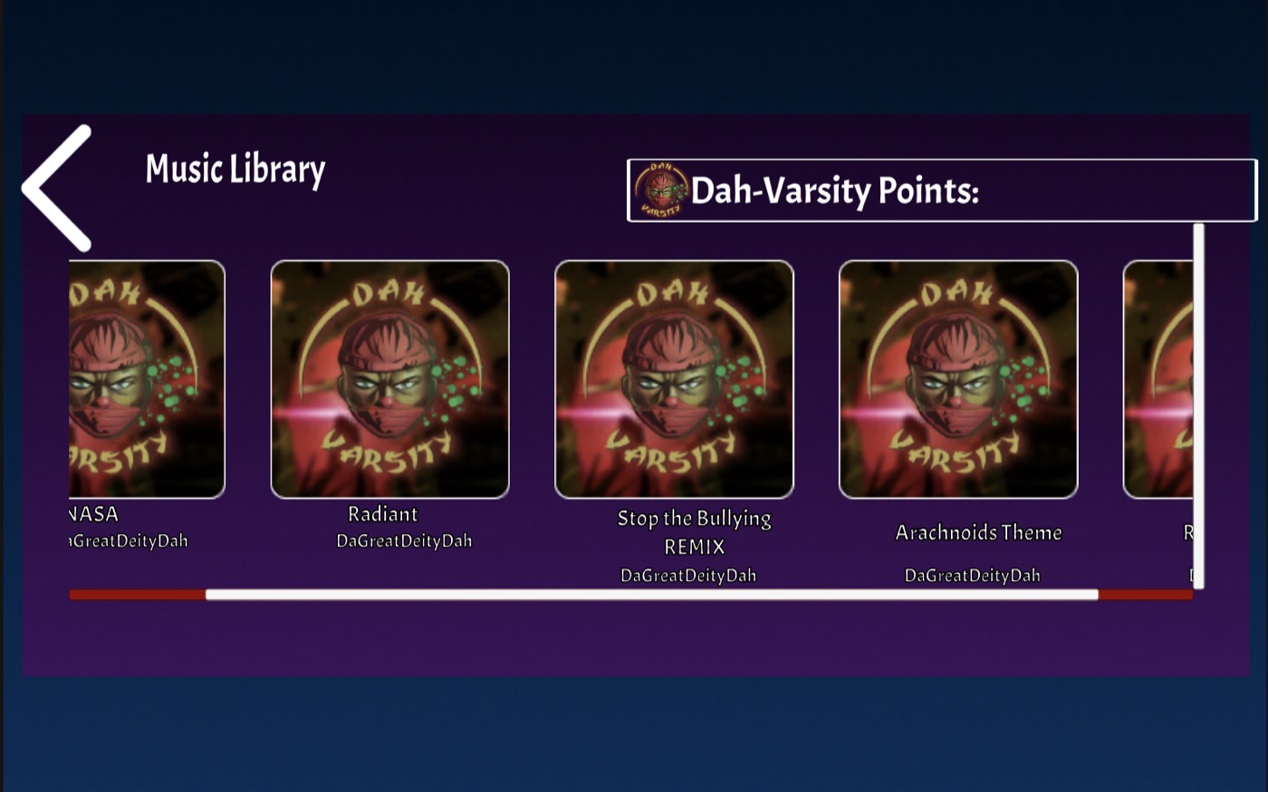 DahVarsity in-game music library with DLC soundtracks