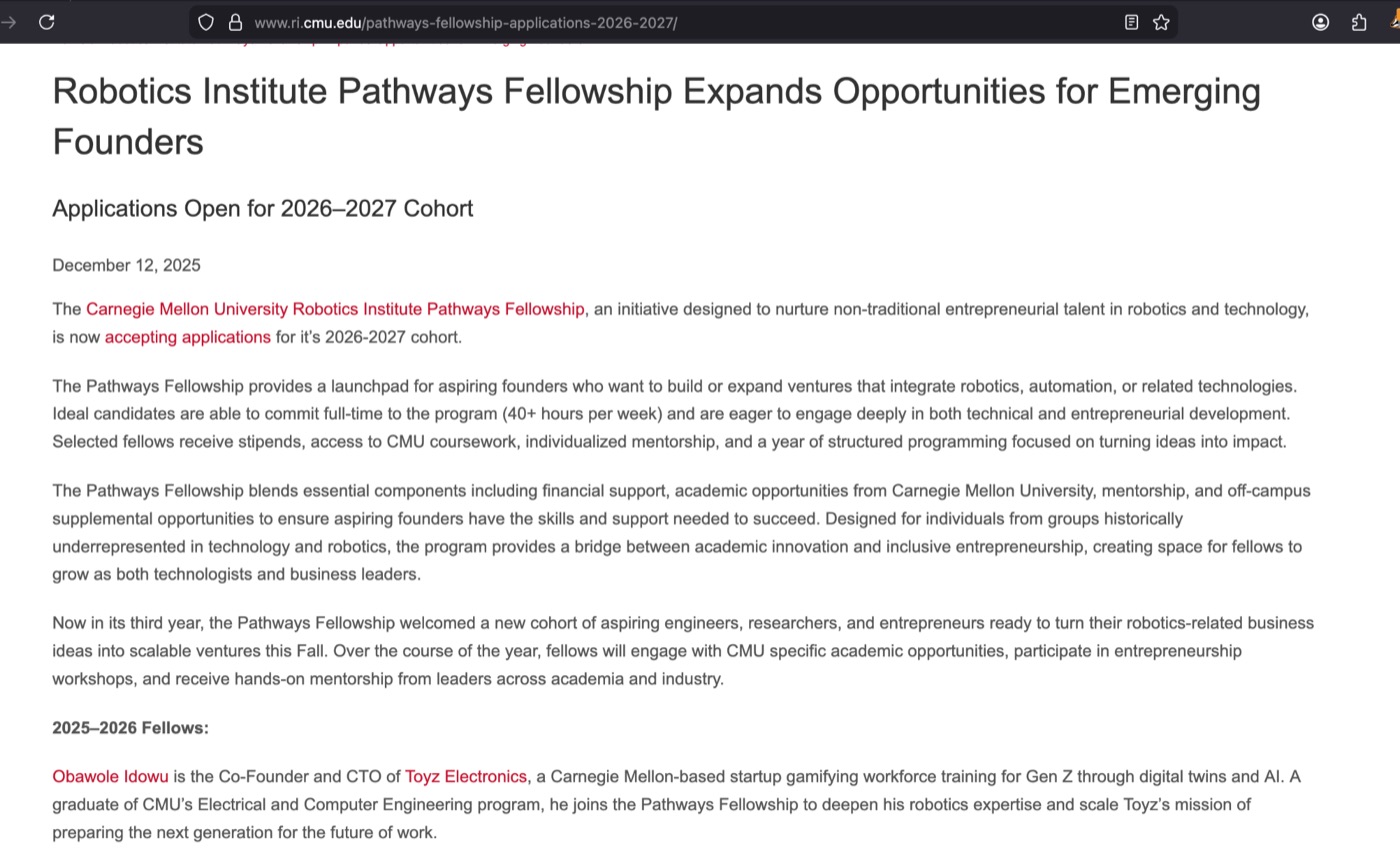 CMU Robotics Institute Pathways Fellowship announcement naming Obawole Idowu