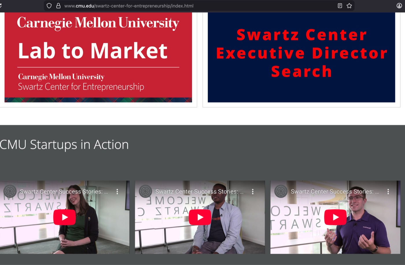 CMU Swartz Center front page featuring startup success stories